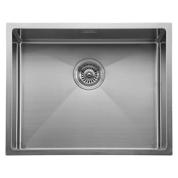 Fregadero encastrable Venus - 44 x 54 cm, Acero inoxidable, Acero inoxidable, Resplandeciente - Primer plano de un fregadero moderno de acero inoxidable con desagüe central y acabado cepillado. Perfecto para cualquier cocina contemporánea.