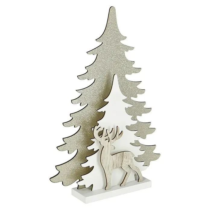 Tween Light Luz LED navideña - 25,5 x 5 x 35 cm, Oro, Funciona con pilas, LED - Decoración festiva con un árbol brillante y un reno estilizado frente a un árbol blanco.