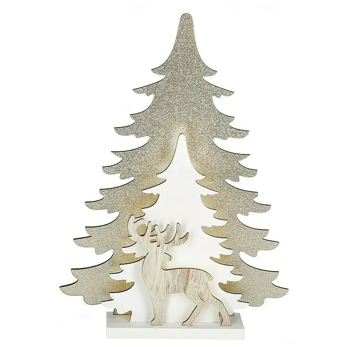 Tween Light Luz LED navideña - 25,5 x 5 x 35 cm, Oro, Funciona con pilas, LED - Figura decorativa de árbol de Navidad con árbol brillante y reno de madera. Decoración festiva de mesa para la temporada navideña.