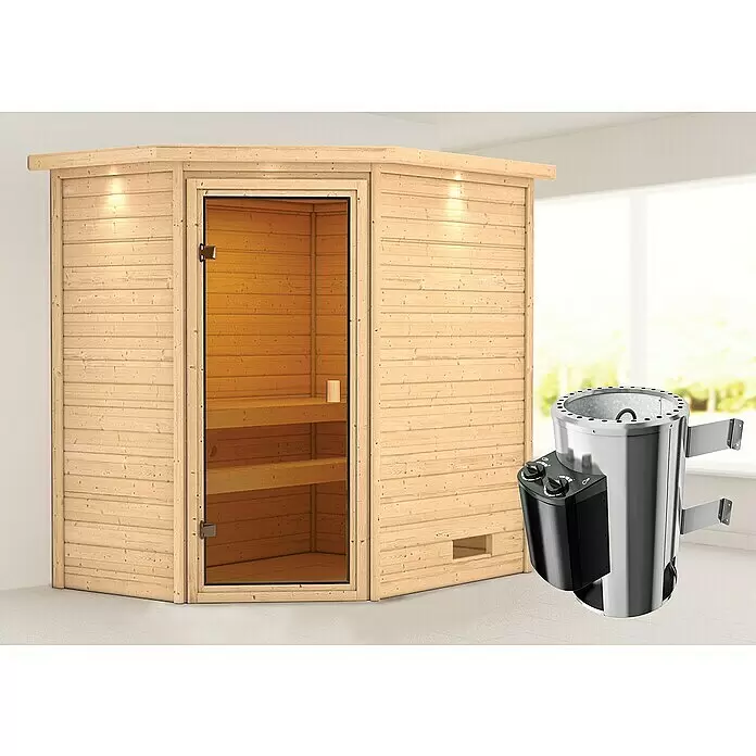 Karibu Massivholzsauna Jella - L x B x H: 159 x 223 x 191 cm, Mit Dachkranz und Beleuchtung, 3,6 kW Saunaofen mit integrierter Steuerung - Stimmungsaufnahme