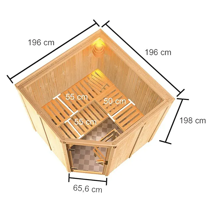 Karibu Elementsauna Kotka - Ohne Ofen, L x B x H: 196 x 196 x 198 cm - Innenansicht einer Holzsauna mit Maßen. Die Sauna hat Holzbänke und eine Tür mit Schachbrettmuster.