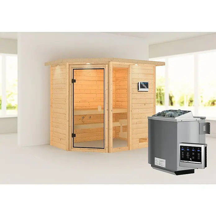 Karibu Massivholzsauna Jada - L x B x H: 160 x 224 x 191 cm, Mit 9 kW Bio-Ofen mit externer Steuerung, Mit Dachkranz und Beleuchtung - Das Bild zeigt eine moderne Sauna mit Holzwänden und Glastür, ergänzt durch einen Ofen mit digitaler Steuerung.