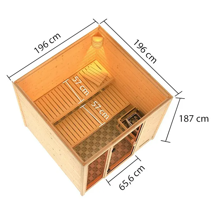 Karibu Massivholzsauna Jutta - L x B x H: 196 x 196 x 187 cm, Mit 9 kW Ofen mit externer Steuerung, Ohne Dachkranz - Produktdarstellung einer Sauna mit genauen Maßangaben, die die Größe und Anordnung des Innenraums verdeutlichen.