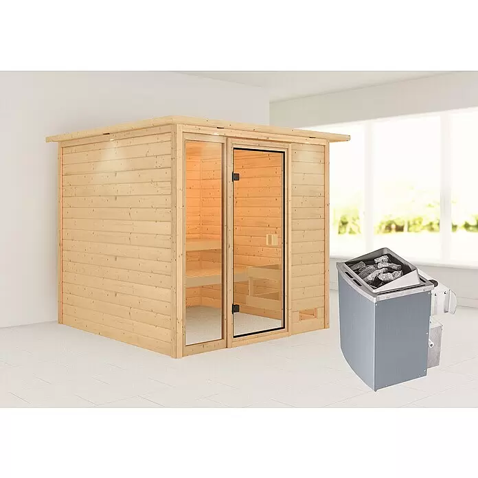 Karibu Massivholzsauna Jutta - L x B x H: 210 x 224 x 191 cm, Mit 9 kW Ofen mit integrierter Steuerung, Mit Dachkranz und Beleuchtung - Stimmungsaufnahme