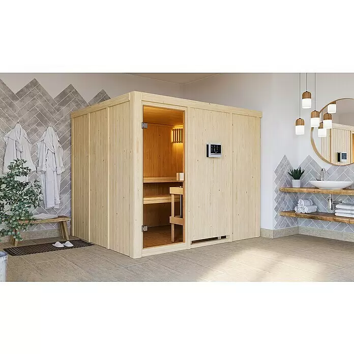 Karibu Elementsauna Nybro - L x B x H: 196 x 231 x 198 cm, Mit 9 kW Saunaofen mit externer Steuerung - Stimmungsaufnahme