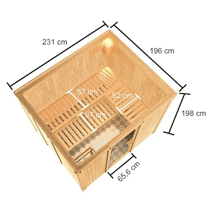 Karibu Elementsauna Nybro - L x B x H: 196 x 231 x 198 cm, Mit 9 kW Saunaofen mit externer Steuerung - Ansicht von oben einer Sauna mit den Maßen 231 cm, 196 cm und 86,6 cm und Sitze mit den Maßen 57 cm und 52 cm.