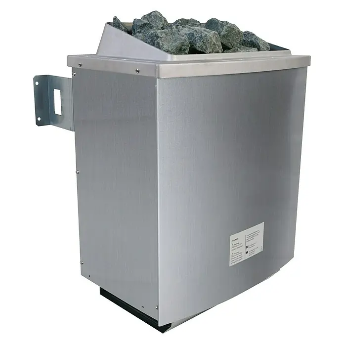 Karibu Massivholzsauna Jutta - L x B x H: 196 x 196 x 187 cm, Mit 9 kW Ofen mit externer Steuerung, Ohne Dachkranz - Bild eines Saunaofens mit Steinen auf schwarzem Hintergrund. Der Ofen ist aus Edelstahl und hat eine rechteckige Form.