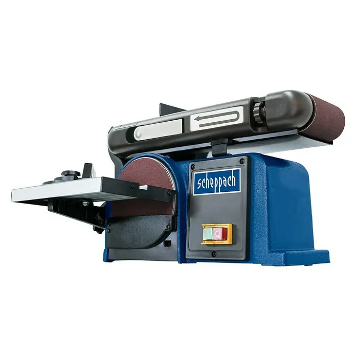 Scheppach Band- & Tellerschleifer BTS900 - 370 W, 2.850 U/min - Nahaufnahme einer Scheppach BTS800 Band- und Tellerschleifmaschine, die für präzises Schleifen in Holzwerkstätten entwickelt wurde.