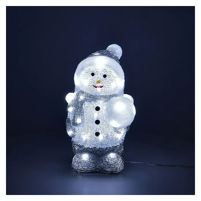 Tween Light Figura LED navideña Muñeco de Nieve - 17 x 16 x 31 cm, Blanco, LED - Primer plano de una figura de muñeco de nieve brillante con sombrero, bufanda y bola de nieve, que difunde alegría festiva.