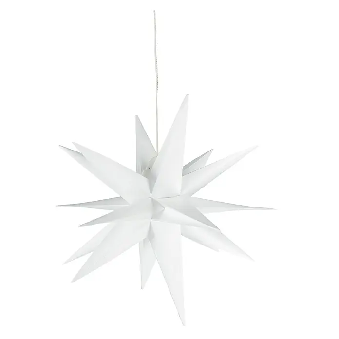 LED-Stern 3D Kunststoff hängend - 25 cm, Weiß, Lichtfarbe: Warmweiß, Batteriebetrieben - Ein schöner, weißer Stern hängt an einer Schnur und eignet sich perfekt als Weihnachtsdekoration, um eine festliche Atmosphäre zu schaffen.