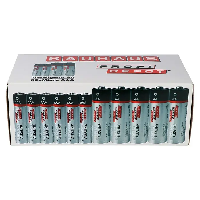 Profi Depot Batterie Set 30 x AA / 30 x AAA - Alkali-Mangan, 60 Stk. - Eine Packung Bauhaus Profi Depot Batterien, enthält sowohl Mignon AA als auch Micro AAA Batterien für vielfältige Anwendungen.