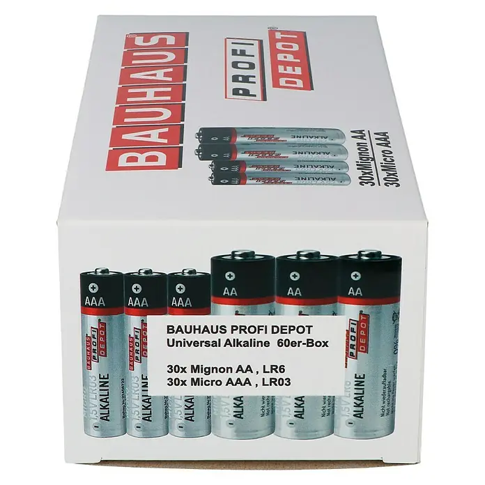Profi Depot Batterie Set 30 x AA / 30 x AAA - Alkali-Mangan, 60 Stk. - Karton mit Bauhaus Profi Depot Universal Alkaline Batterien (60er-Box), enthält 30 Mignon AA und 30 Micro AAA Batterien.