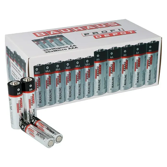 Profi Depot Batterie Set 30 x AA / 30 x AAA - Alkali-Mangan, 60 Stk. - Batterien der Marke Bauhaus Profi Depot in einer 30er-Packung, sowohl AA- als auch AAA-Größen, präsentiert in ihrer Verkaufsverpackung.