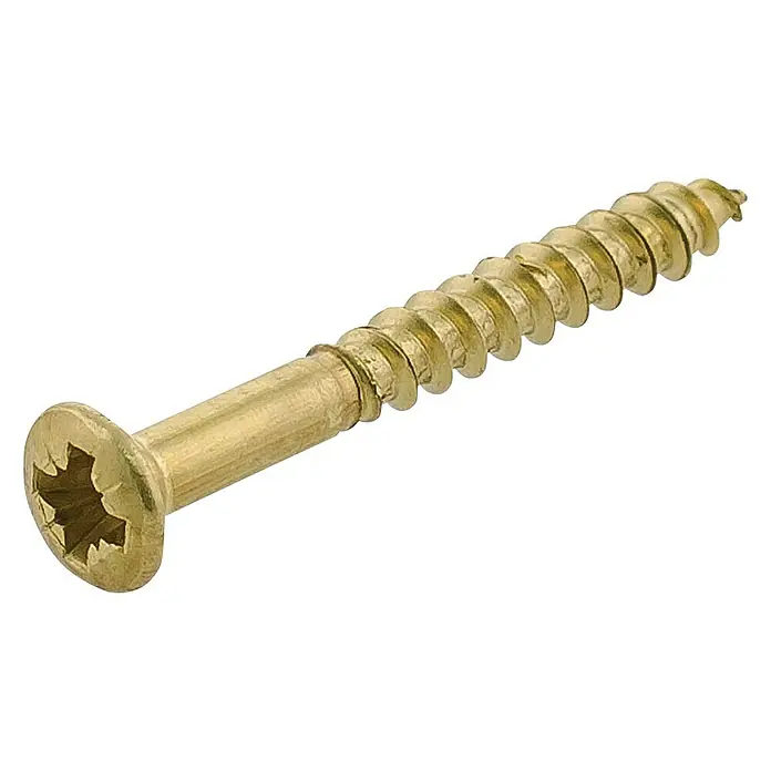 Universalschraube - Ø x L: 3 x 16 mm, Messing, Teilgewinde, 18 Stk. - Nahaufnahme einer goldenen Holzschraube mit Kreuzschlitz auf schwarzem Hintergrund, perfekt für Bau- oder Reparaturprojekte.