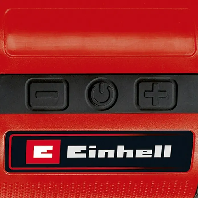 Einhell Power X-Change 18V Bluetooth-Lautsprecher TC-SR 18 Li BT Solo - 18 V, Ohne Akku, L x B x H: 10,9 x 9 x 10 cm - Nahaufnahme eines Einhell-Akkus mit Leistungsreglern und dem Einhell-Logo, das die Qualitätsmerkmale der Marke hervorhebt.