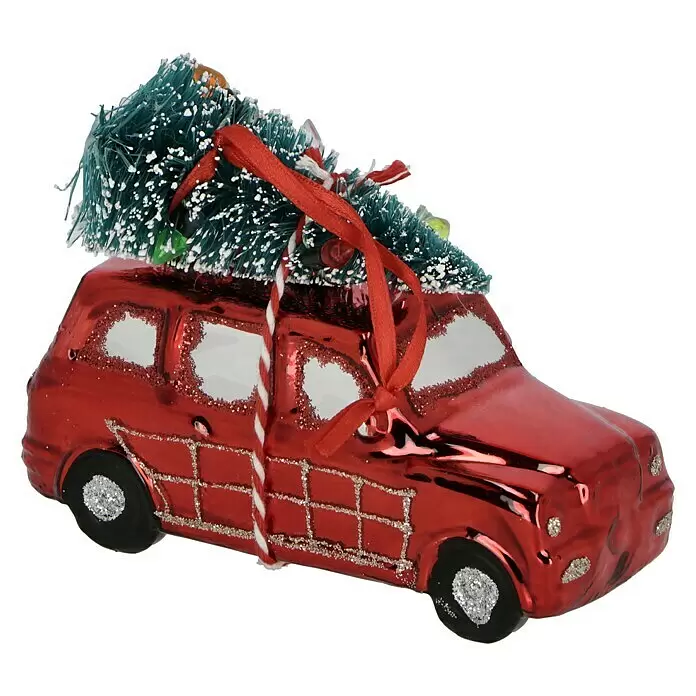 Christbaumschmuck - Rot, Grün, Glas - Rotes Auto-Ornament mit Glitzer-Finish und einem Tannenbaum auf dem Dach, befestigt mit rotem Band und weißer Schnur.