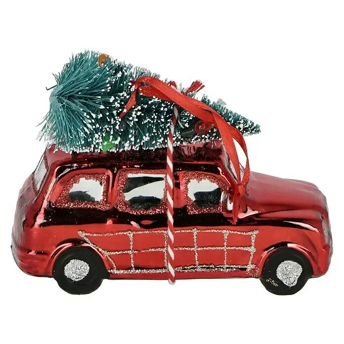 Christbaumschmuck - Rot, Grün, Glas - Rotes Auto-Weihnachtsornament mit verschneitem Baum auf dem Dach, Glitzerdetails und rotem Band.