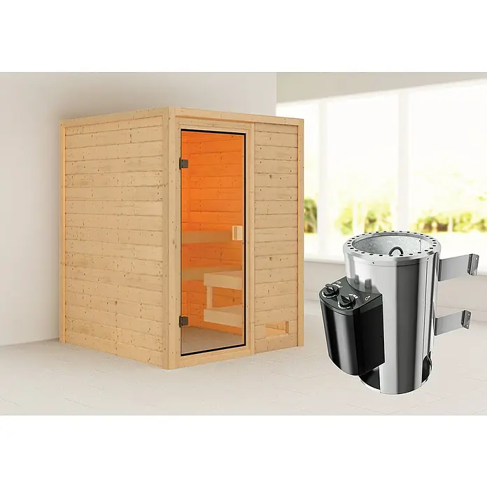 Karibu Massivholzsauna Sandra - L x B x H: 145 x 145 x 187 cm, Ohne Dachkranz, 3,6 kW Saunaofen mit integrierter Steuerung - Sauna und Saunaofen im Raum.