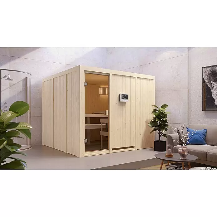 Karibu Elementsauna Arvika - Mit 9 kW Saunaofen mit externer Steuerung, L x B x H: 231 x 231 x 198 cm - Stimmungsaufnahme