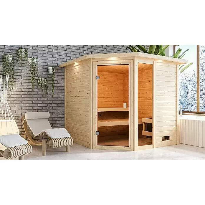 Karibu Massivholzsauna Tabea - L x B x H: 210 x 224 x 191 cm, Mit 9 kW Ofen mit integrierter Steuerung, Mit Dachkranz und Beleuchtung - Stimmungsaufnahme