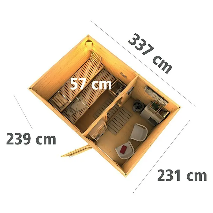 Karibu Saunahaus Suva 2 - Mit 9 kW Bio-Ofen mit externer Steuerung, Terragrau, L x B x H: 231 x 337 x 227 cm - Eine Draufsicht auf eine Sauna mit den Maßen 337 x 239 cm. In der Sauna befinden sich Bänke und zwei Stühle.