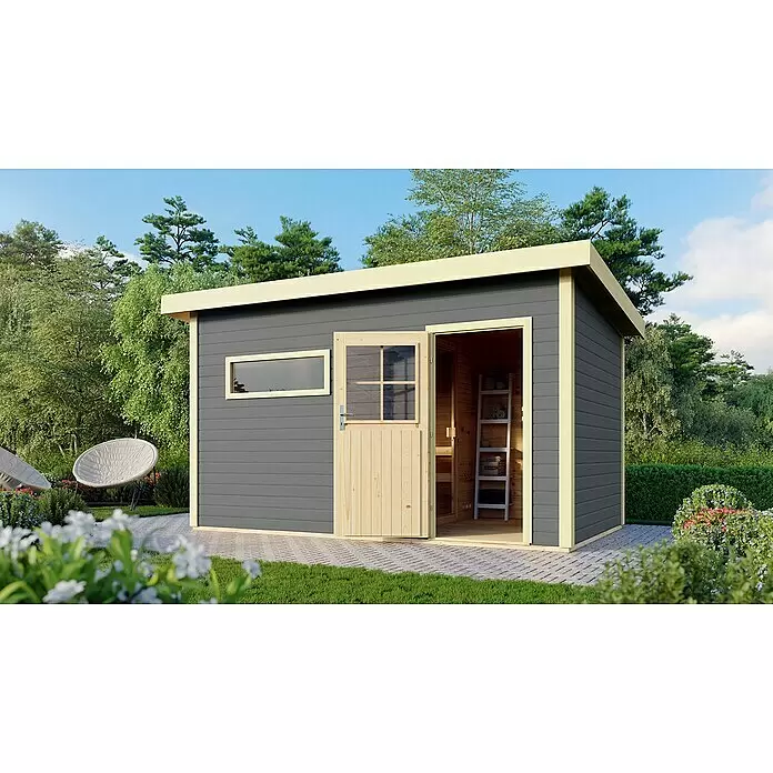 Karibu Saunahaus Suva 3 - Mit 9 kW Bio-Ofen mit externer Steuerung, Terragrau/Natur, L x B x H: 393 x 231 x 239 cm - Stimmungsaufnahme