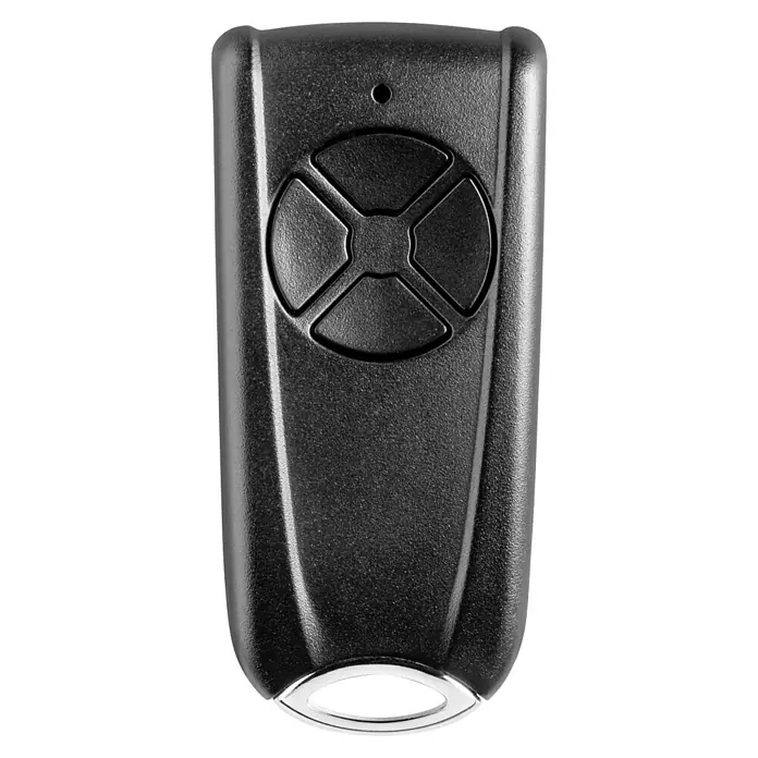 Hörmann EcoStar Handsender RSC 4 BS - Geeignet für: Garagentorantriebe - Abbildung einer schwarzen Garagentor-Fernbedienung mit vier Tasten und einem silbernen Schlüsselanhänger.