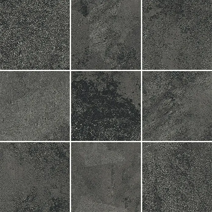 Queens Mosaikfliese 10 x 10 - 29,8 x 29,8 cm, Graphit, Matt - Nahaufnahme von quadratischen, grauen Steingutfliesen mit einer dunklen, strukturierten Oberfläche für Boden- oder Wandbeläge.