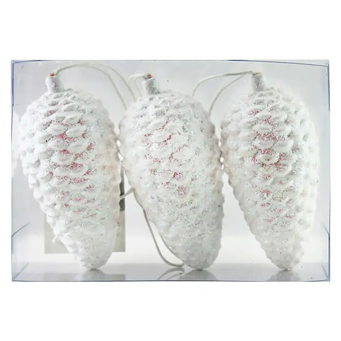 Christbaumschmuck Kunststoff-Zapfen Weiß - Kunststoff, 3 Stk. - Nahaufnahme von drei weißen, glitzernden Tannenzapfen-Ornamenten in einer transparenten Verpackung, ideal für Weihnachtsdekorationen.