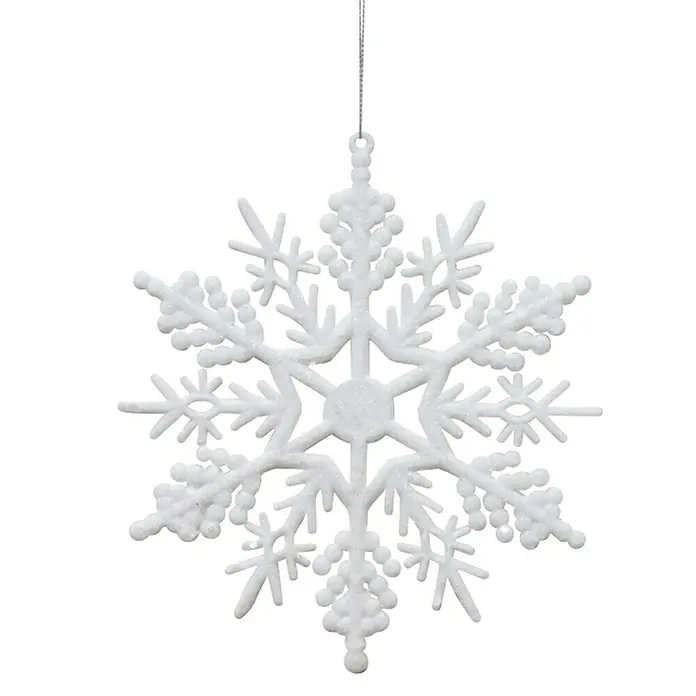 Christbaumschmuck Glimmerschneeflocke - Weiß, Kunststoff, Sonstige - Funkelnde weiße Schneeflocke als Weihnachtsschmuck, ideal für festliche Dekorationen und zur Aufhängung im Raum.