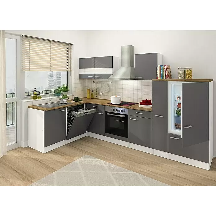 Respekta Cocina esquinera Malia bajo - An x Pr: 310 x 172 cm, Gris, Con electrodomésticos - Cocina moderna en forma de L con gabinetes gris oscuro, encimeras de madera y electrodomésticos integrados como lavavajillas y nevera.