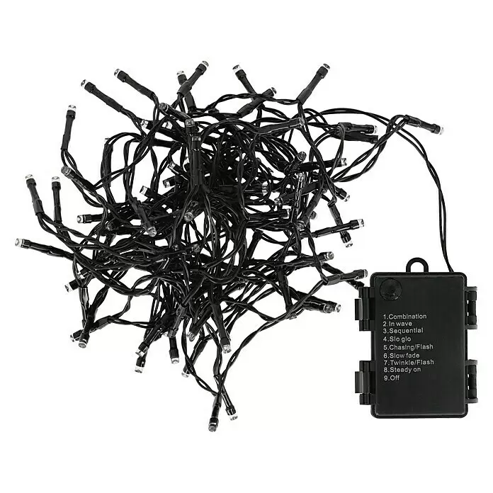 LED-Lichterkette - Außen, 7,2 m, Lichtfarbe: Warmweiß, Anzahl Leuchtmittel: 96 Stk., Batteriebetrieben - Schwarze Lichterkette mit klaren LEDs und Steuerbox.