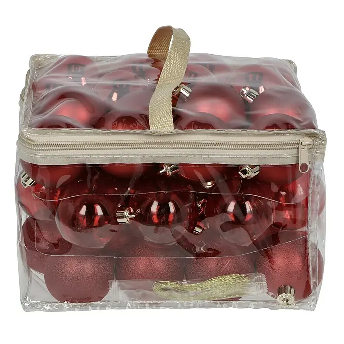 Weihnachtskugeln - Rot, Kunststoff, Durchmesser: 6 cm, 48 Stk. - Rote Weihnachtskugeln in einer transparenten Aufbewahrungsbox mit Tragegriff, ideal zum Organisieren und Aufbewahren Ihrer Weihnachtsdekoration.