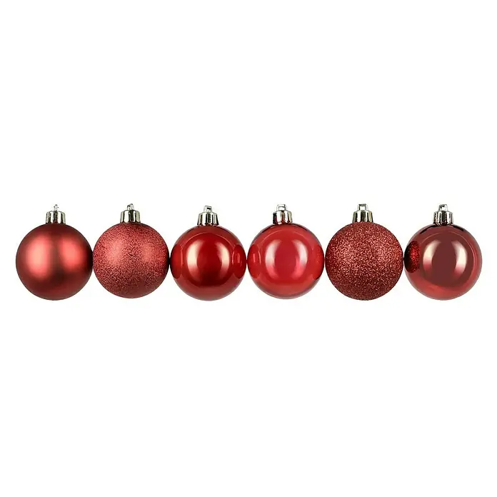 Weihnachtskugeln - Rot, Kunststoff, Durchmesser: 6 cm, 48 Stk. - Eine Reihe von roten Weihnachtskugeln mit verschiedenen Oberflächen, die festliche Dekoration und saisonale Eleganz bieten.