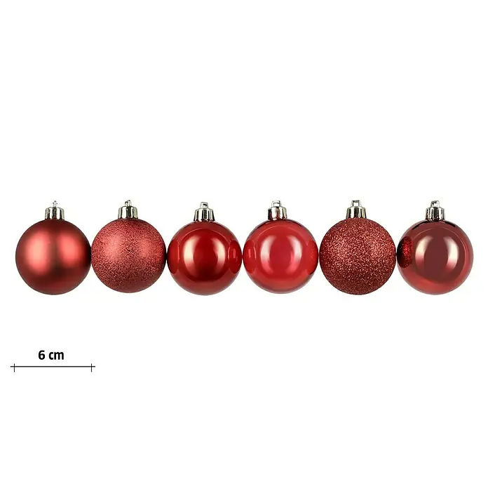 Weihnachtskugeln - Rot, Kunststoff, Durchmesser: 6 cm, 48 Stk. - Bild von sechs roten Weihnachtskugeln mit einem Maßband von 6 cm Länge, die die Größe der Kugeln angeben.