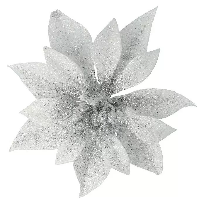 Dekoblüten Weihnachtsstern mit Clip - Durchmesser: 18 cm, Kunststoff, Silber, Christrose - Vorderansicht