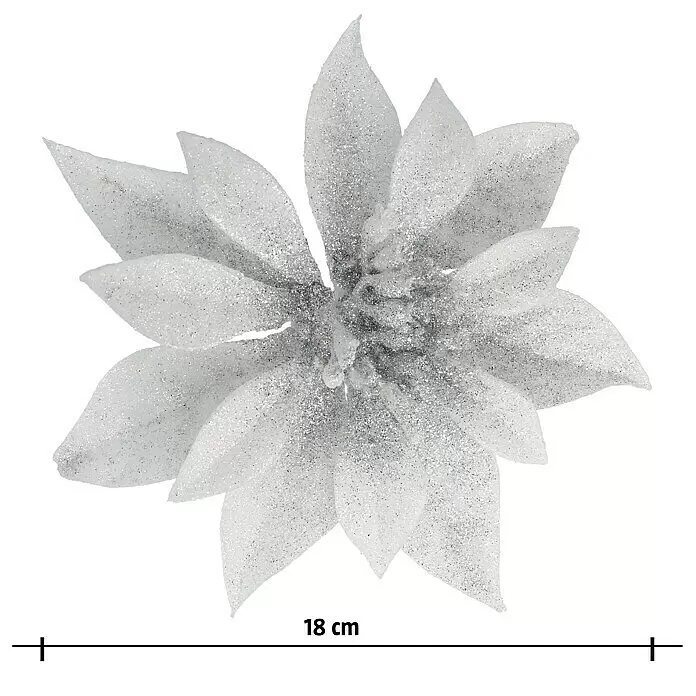 Dekoblüten Weihnachtsstern mit Clip - Durchmesser: 18 cm, Kunststoff, Silber, Christrose - Vorderansicht