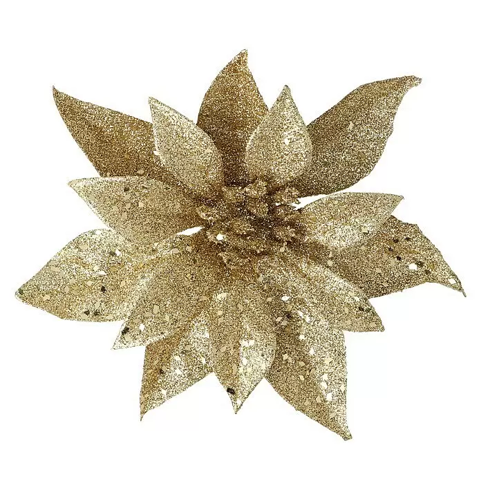 Dekoblüten Weihnachtsstern mit Clip - Durchmesser: 18 cm, Kunststoff, Gold, Christrose - Vorderansicht