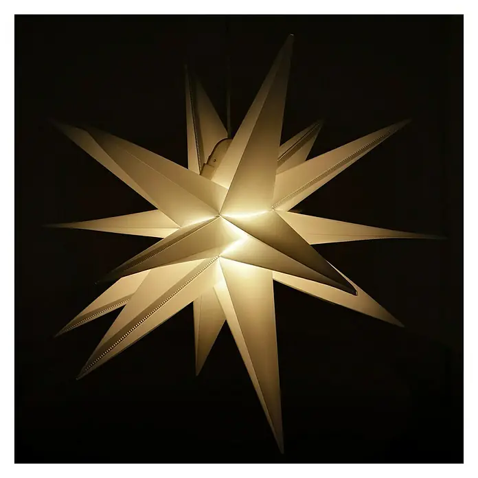 Tween Light Estrella LED colgante 3D - 50 cm, Blanco, Color de luz: Blanco cálido, IP44, Funcionamiento en red - Primer plano de una estrella de Navidad blanca iluminada con muchas puntas que cuelga frente a un fondo oscuro.