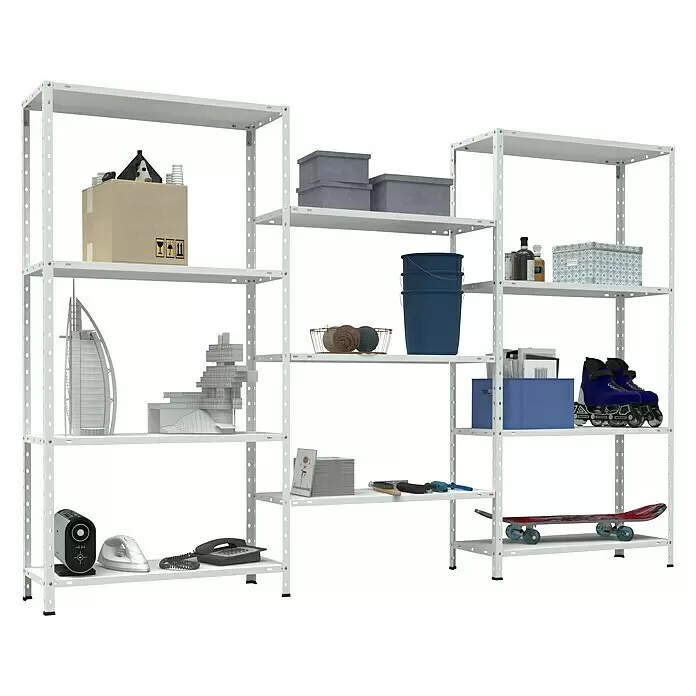 TKT Metallregal Home System - H x B x T: 150 x 225 x 30 cm, Traglast pro Boden: 30 kg, Anzahl Böden: 11 Stk., Schrauben, Weiß - Anwendungsbeispiel