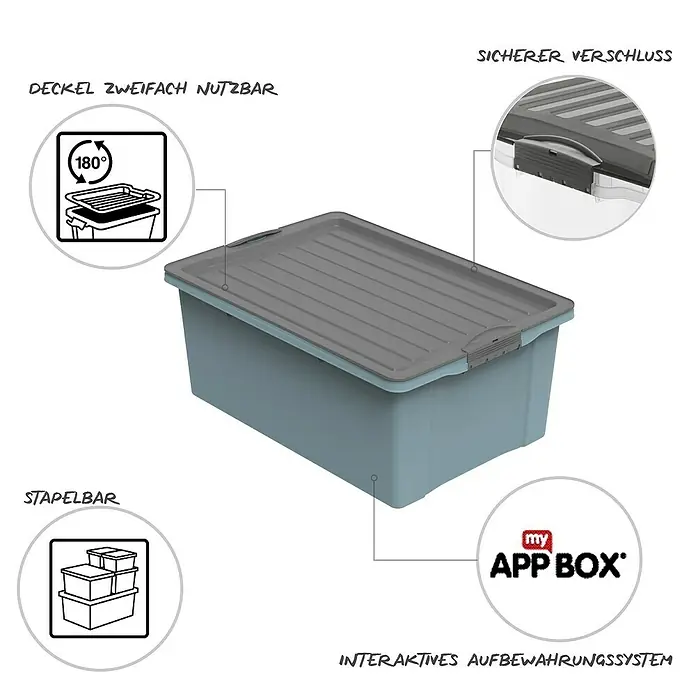 Rotho Aufbewahrungsbox Compact - L x B x H: 57 x 40 x 25 cm, Kunststoff, Horizon Blue - Aufbewahrungsbox mit Deckel und sicherem Verschluss. Die Box ist stapelbar und der Deckel ist zweifach nutzbar.