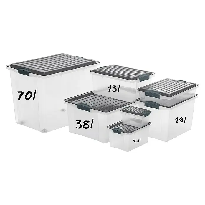 Rotho Aufbewahrungsbox Compact - L x B x H: 27 x 18,5 x 15 cm, Kunststoff, Horizon Blue - Aufnahme von verschieden großen transparenten Aufbewahrungsboxen mit grauen Deckeln, Größen von 4,5 bis 70 Litern.