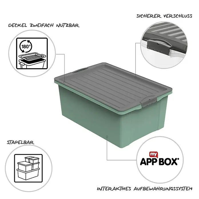 Rotho Aufbewahrungsbox Compact - L x B x H: 57 x 40 x 25 cm, Kunststoff, Mistletoe Grün - Aufbewahrungsbox mit Deckel. Die Box ist stapelbar, der Deckel ist doppelt nutzbar und hat einen sicheren Verschluss. Interaktives Aufbewahrungssystem.