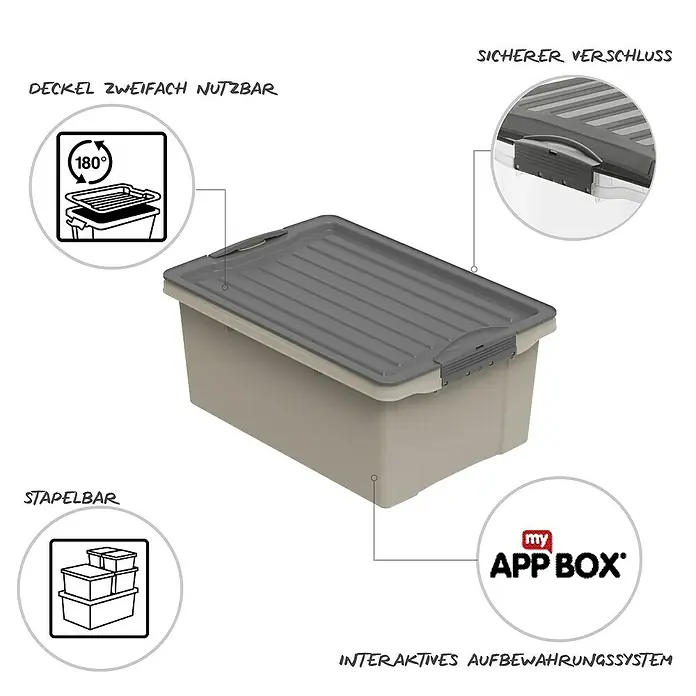 Rotho Aufbewahrungsbox Compact - L x B x H: 39,5 x 27,5 x 18 cm, Kunststoff, Horizon Blue - Aufbewahrungsbox mit grauem Deckel. Der Deckel ist doppelt verwendbar, der Verschluss ist sicher und die Box ist stapelbar.