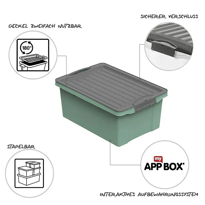 Rotho Aufbewahrungsbox Compact - L x B x H: 39,5 x 27,5 x 18 cm, Kunststoff, Mistletoe Grün - Das Bild zeigt eine grüne Aufbewahrungsbox mit grauem Deckel und zugehörigen Produkteigenschaften.