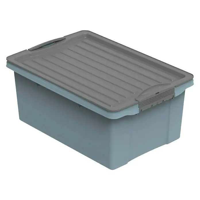 Rotho Aufbewahrungsbox Compact - L x B x H: 39,5 x 27,5 x 18 cm, Kunststoff, Horizon Blue - Ein blauer Aufbewahrungsbehälter mit einem grauen Deckel, ideal für die Organisation von Gegenständen im Haus.