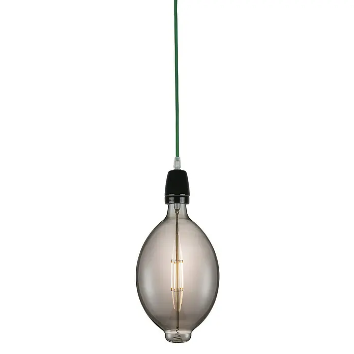 Home Sweet Home Lampenfassung Posh - E27, Schwarz, Keramik, Ø x H: 4,8 x 5,8 cm - Nahaufnahme einer rauchgrauen Glühbirne mit grünem Kabel, die modernes Design und warmes Licht vereint.