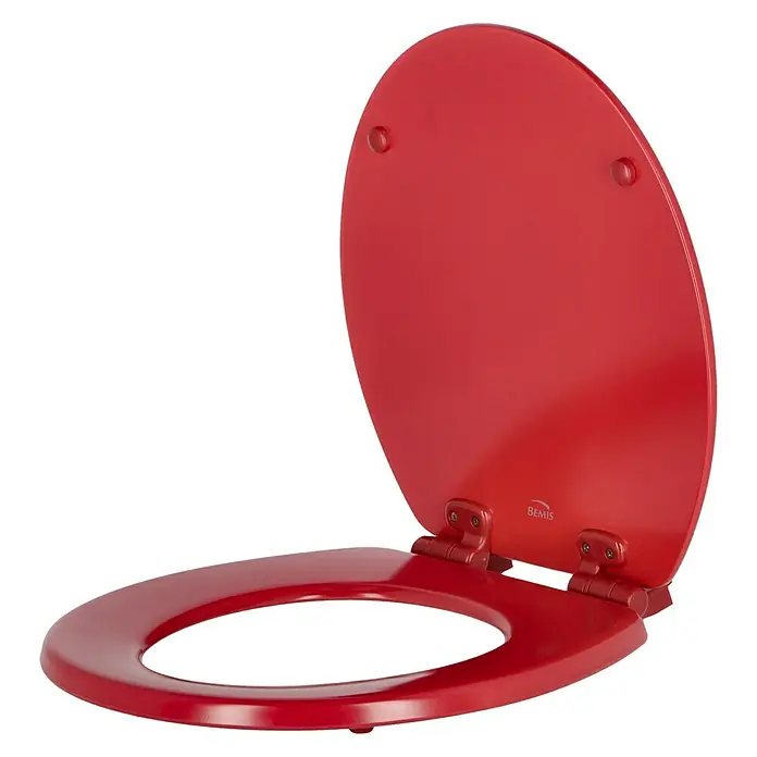 Poseidon WC-Sitz Seattle - Holz, Rot, Mit Absenkautomatik - Roter Toilettensitz von Bemis, offen präsentiert, mit glänzender Oberfläche und sichtbaren Scharnieren.