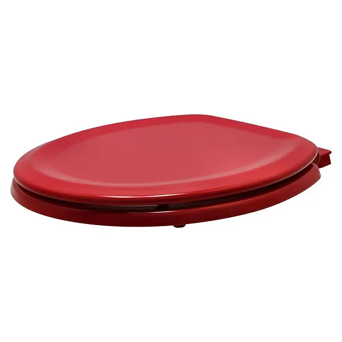 Poseidon WC-Sitz Seattle - Holz, Rot, Mit Absenkautomatik - Ein roter Toilettensitz aus glänzendem Material, geschlossen, präsentiert sich vor einem neutralen schwarzen Hintergrund.