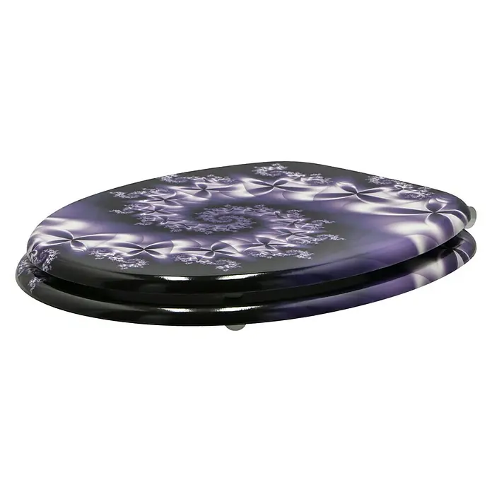 Poseidon WC-Sitz Violet - MDF, Violett, Mit Absenkautomatik - Nahaufnahme eines Toilettensitzes mit einem auffälligen, lila fraktalen Muster, der einen modernen und künstlerischen Touch ins Badezimmer bringt.